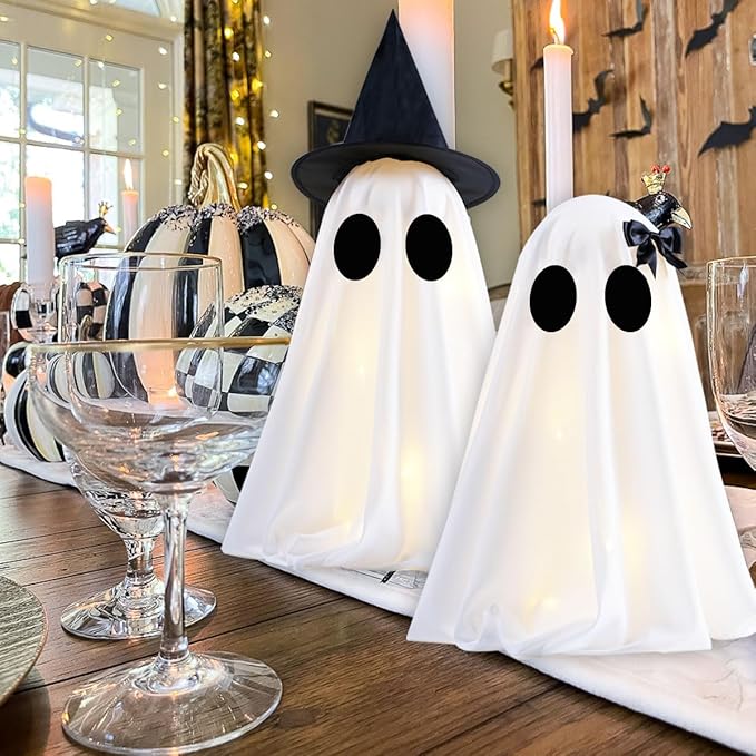 [Timer] Light Up Halloween Scary Ghost Decorations, Set of 2 DIY Spooky Crafts for Indoor Home Mantel Shelf & Tabletop Decor White