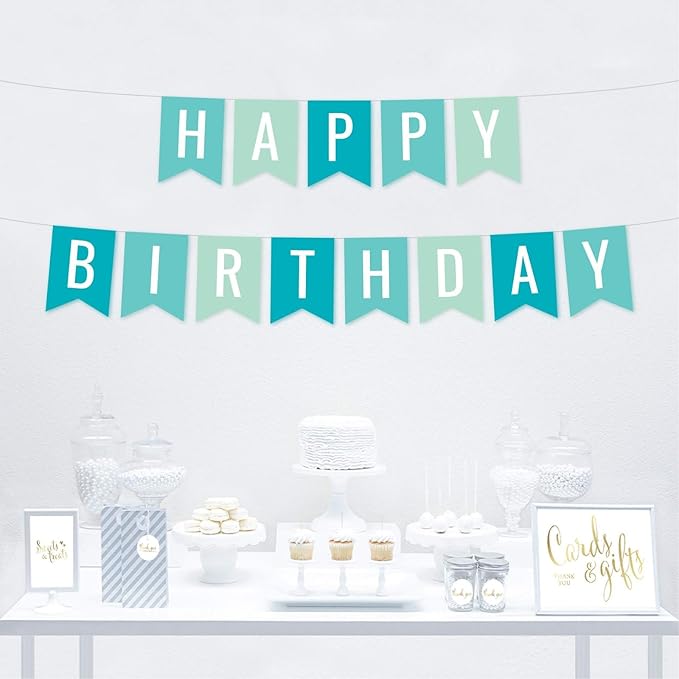 Andaz Press Hanging Pennant Banner Party Decorations, Diamond Blue, Seafoam Mint, Aqua Turquoise, Happy Birthday, 1-Pack, Approx. 5-Feet