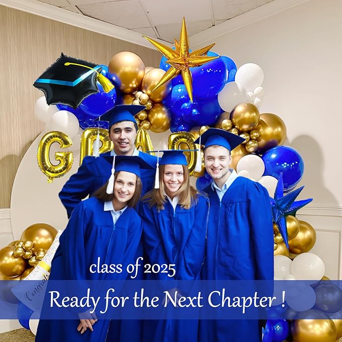 120PCS Graduation Balloon Garland Arch Kit with Graduation Cap Certificate Letter Star Mylar Foil Balloons for Class of 2026 Grad Prom Decorations Supplies (Blue Gold White)