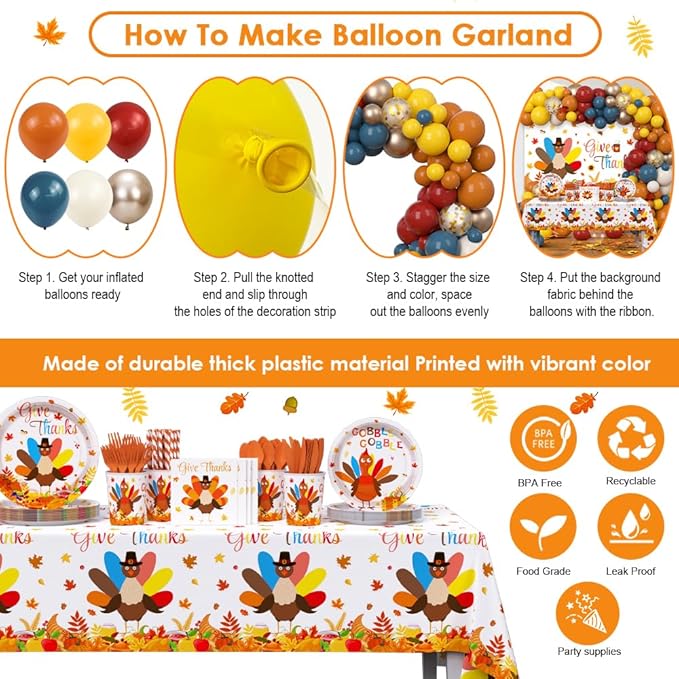 295 Pcs Turkey Thanksgiving Decorations Autumn Disposable Dinnerware Decorations Includes Plates, Cup, Napkin, Tablecloth, Give thanks Themed Balloons Disposable Tableware Serve 24 Guests