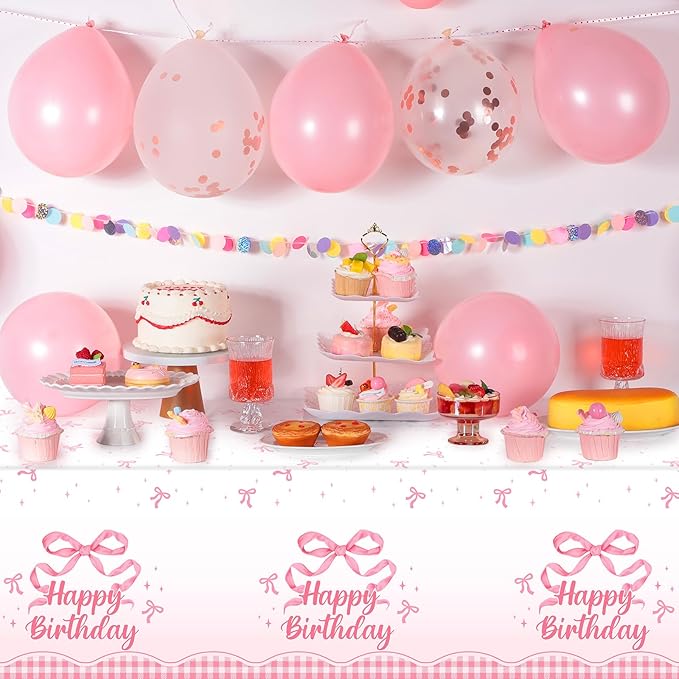 3 Pack Coquette Pink Bow Plastic Tablecloth, 54 X 108Inch Disposable Happy Birthday Table Cloth for Rectangle Tables Waterproof Table Cover for Girls Bridal Wedding Birthday Party