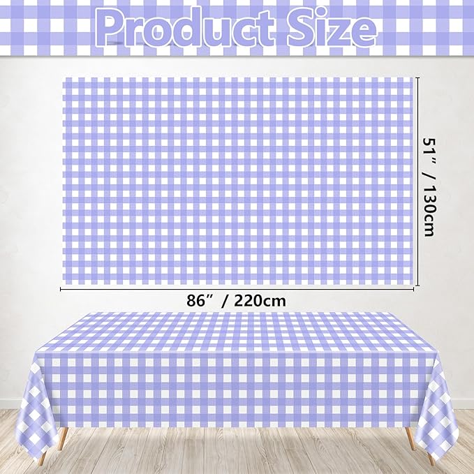 4 Pack Purple Gingham Tablecloths, Purple and White Checkered Tablecloths 86 x 51 Inches Gingham Tablecovers Rectangular Waterproof Picnic Table Covers for Birthday Party Supplies