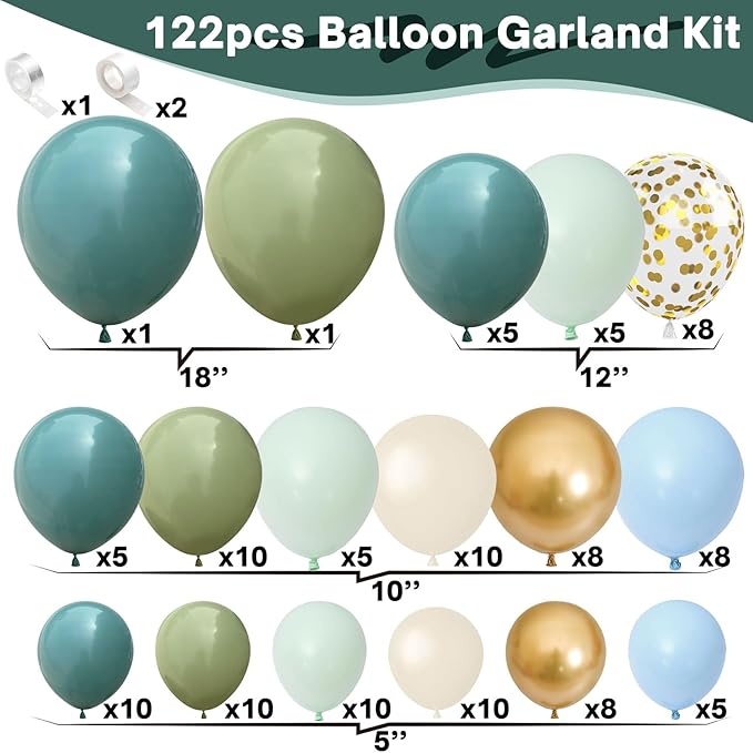 122Pcs Dusty Blue Sage Green Balloon Garland Kit, Pastel Olive Green Slate Blue Beige Metallic Gold Confetti Balloon Arch Kit for Women Men Boho Birthday Wedding Baby Shower Party Decorations