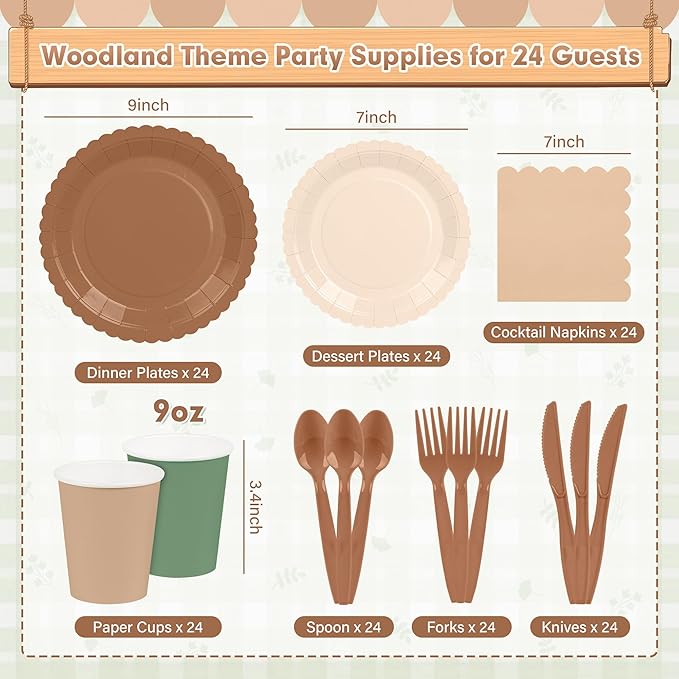 168 Pcs Woodland Baby Shower Tableware set Sage Green and Brown Party Supplies Include Forest Scalloped Plates Paper Napkin Cup Knife Fork Spoon for Safari Jungle Neutral Birthday,Wedding
