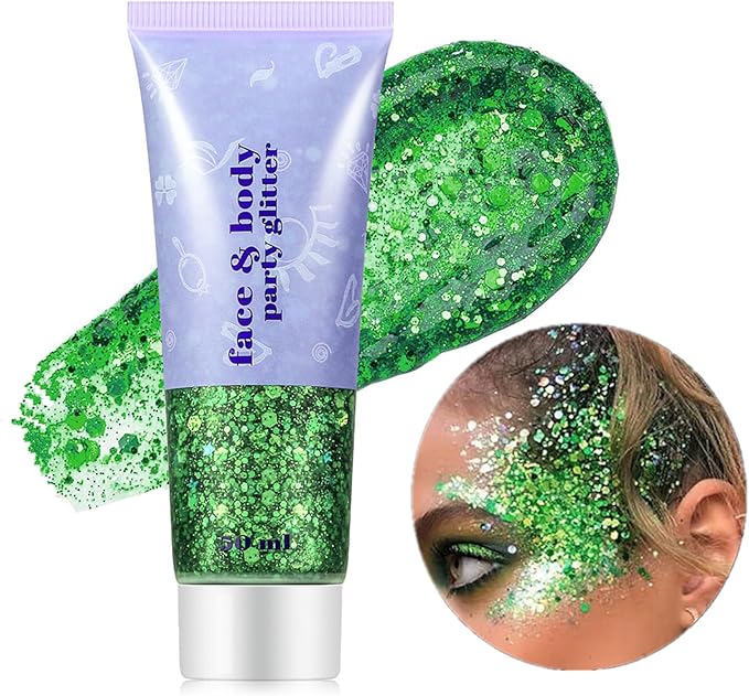 Go Ho Green Body Glitter,St Patricks Day Face Glitter Makeup,Green Face Paint Holographic Chunky Sequins Glitters for Eye Hair Nails,St Pattys Outfit Women Sparkle Accessories