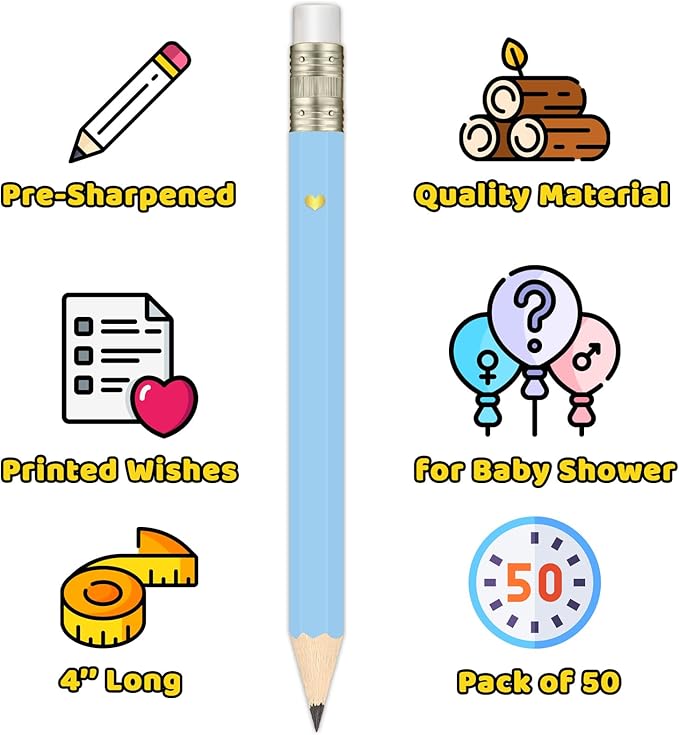 50Pcs - Baby Shower Sharpened Half Pencils with Erasers, Pre-sharpened Pencils for Baby Shower Games, 4 Inches