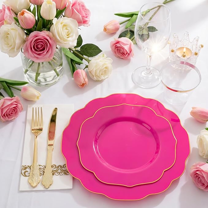 NOCCUR 175PCS Hot Pink Plastic Plates with Gold Disposable Silverware - Include 50 Hot Pink Plates,25 Knives,25 Forks,25 Spoons,25 Cups and 25 Napkins - Ideal for Party/Easter Day