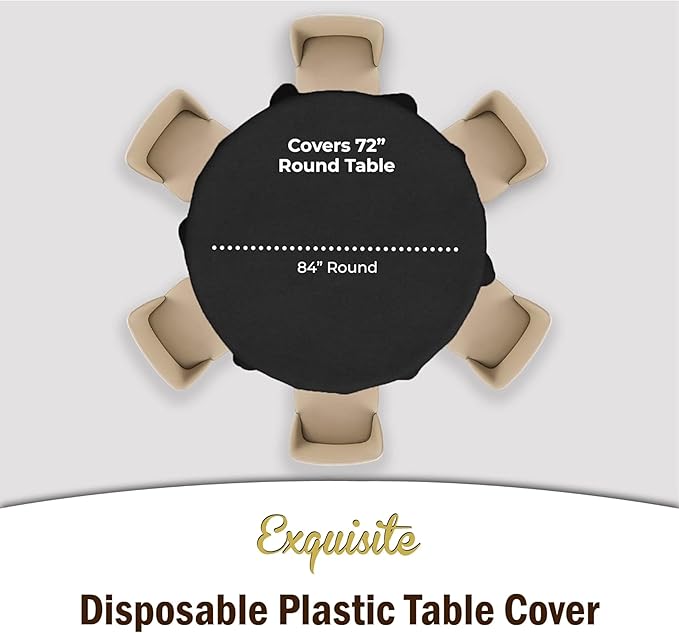 Exquisite 6-Pack Plastic Tablecloth 84 inch Round Value Pack Plastic Table Cover - Black