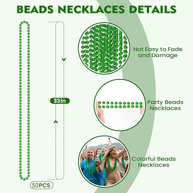 SHAOQINLIN 50 PCS St. Patricks Day Beads Necklace, 33" Green Mardi Gras Beads Christmas Necklaces Irish Saint Patricks Necklaces for St. Patrick's Day Mardi Gras Parade Throws Birthday Party Favors