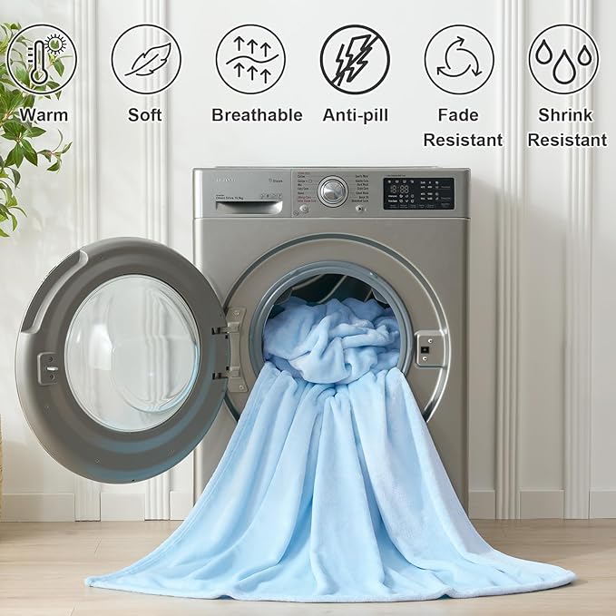 Hansleep Fleece Light Blue Queen Blanket, Super Soft Flannel Fuzzy Plush Cozy Blanket for All Seasons, Light Blue, Queen 90x90 Inches
