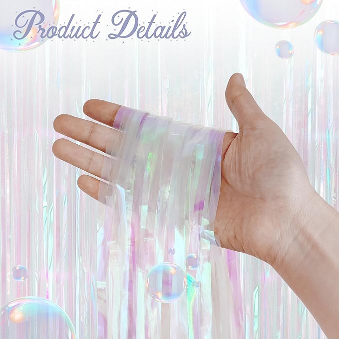 2 Pack White Iridescent Streamers Backdrop, 3.3x6.6ft Foil Fringe Curtains Silver Holographic Door Tinsel Streamers for Birthday, Wedding, Holiday, Bachelorette, Theme Party Decorations