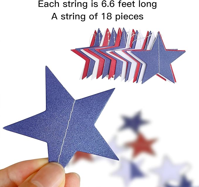 XIANMU 8 Strands Star Streamers Paper Garland Patriotic Decorations Red White Blue Hanging Stars Banner for 4th of July Memorial Day Independence Day Veterans Day Party Decor