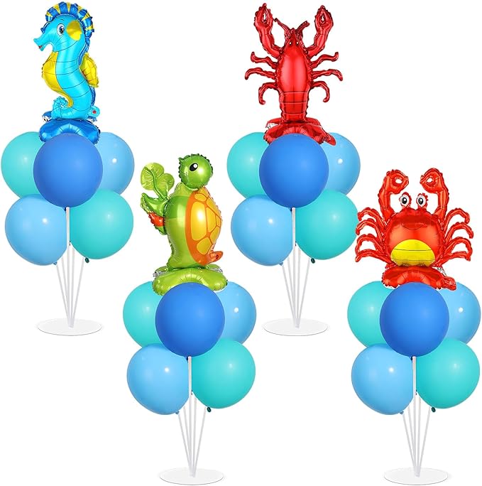 4 Sets Ocean Animal Theme Party Balloons Stand Kit with Sea Turtle Seahorse Lobster Crab Foil Balloons Party Balloon Centerpiece for Tables for Under the Sea Birthday Pool Beach Decoration