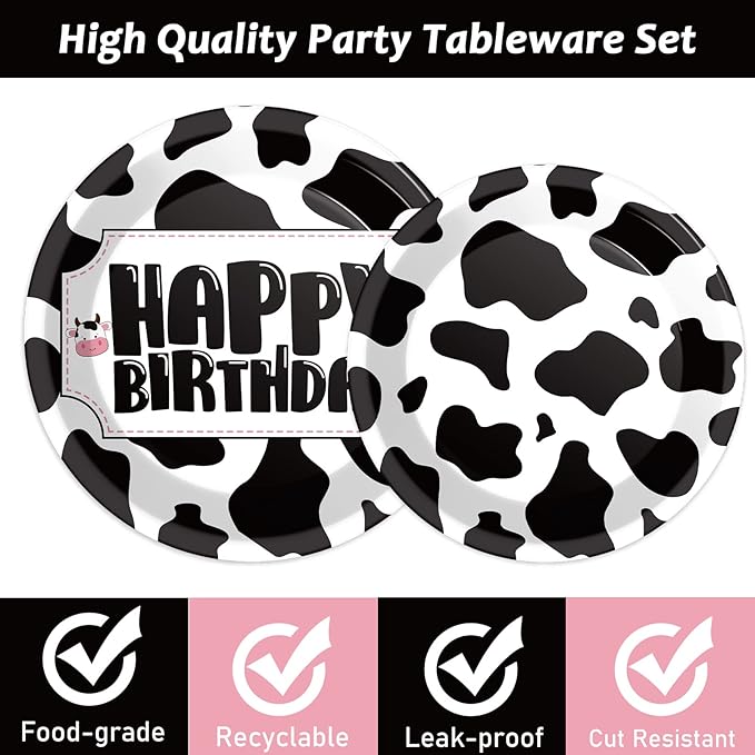 Wiooffen 96 Pcs Cow Print Birthday Party Supplies Farm Animal Cow Print Plates and Napkins Cow Party Tableware Set Cow Themed Party Decoration For 24 Guests