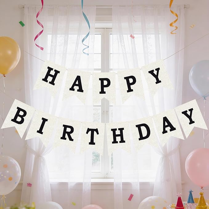 Burlap Happy Birthday Banner, Black Assembled Happy Birthday Banner Sign Garland for Boys Girls Rustic Party Decorations