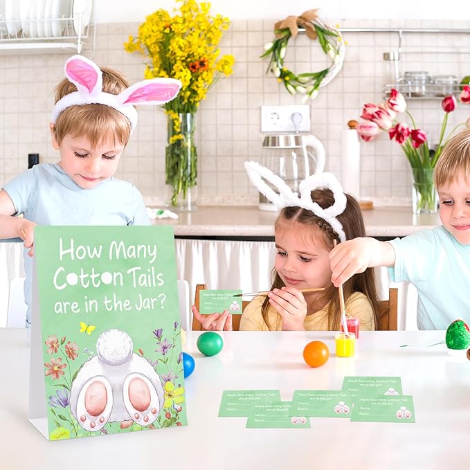 COCHIE 30 Players Easter Games for Adults family Large Groups, How Many Cotton Tails Are in the Jar Easter Party Game, Spring Games Classroom Bunny Brunch Sign with Cards (Green)