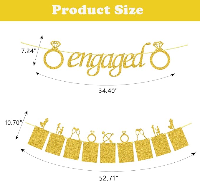 Engagement Wedding Decorations, Gold Engaged Banner and Photo Banner with Romantic Memories Picture Card Frames for Engaged/Wedding/Anniversary/Valentines Day Party