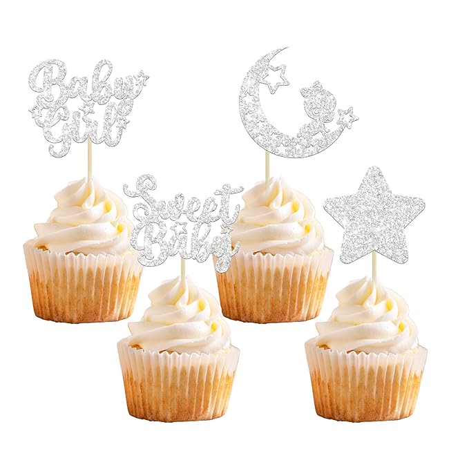 Gyufise 24Pcs Baby Shower Girl Cupcake Toppers with Moon Glitter Star Sweet Baby Gender Reveal Cupcake Picks Decorations for Baby Shower Kids Girls Birthday Party Supplies Silver