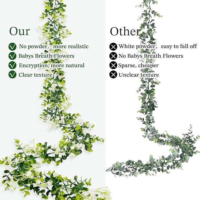 6FT Eucalyptus Garland with Flowers, 6 Pack Artificial Greenery Garland Hanging Spring Eucalyptus Garland Suitable for Table Wedding Backdrop Arch Wall Party UV Protected Indoor Outdoor Decor