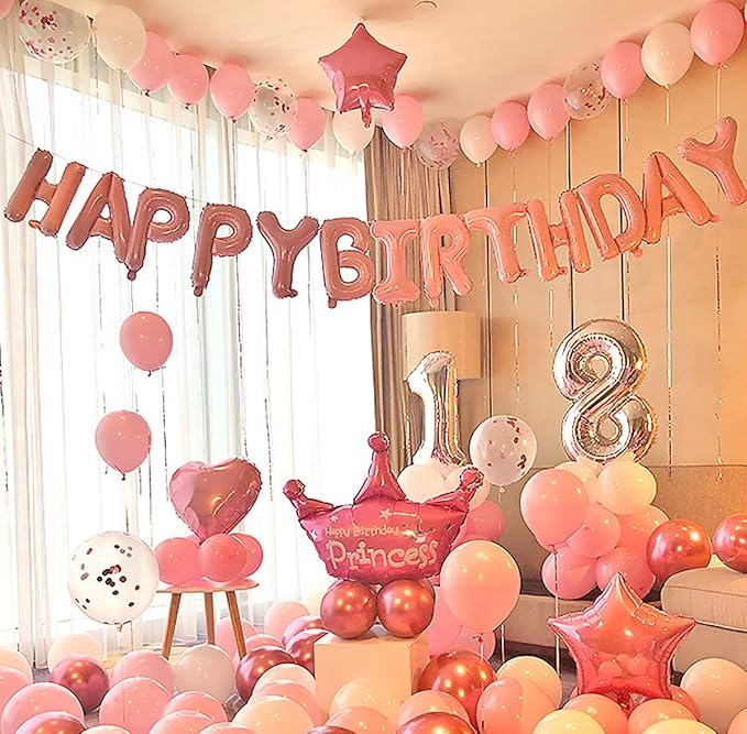KALOR Pink Happy Birthday Balloons Banner, 16 Inch Mylar Foil Letters Balloon Sign for Birthday Party Decorations Photo Booth Backdrop
