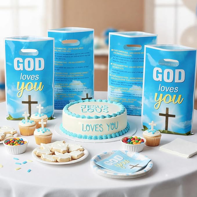 God Loves You Party Favor Bags - 50Pcs Christian Cross Bible Verse Goody Candy Treat Bags for Baptism Party Decorations for Christian Religious Church Sunday School First Communion Events
