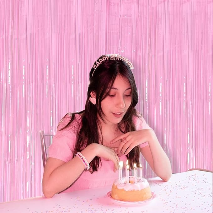Light Pink Birthday Decorations - 4 Pack of 3.2x8.2ft Pink Foil Fringe Curtains Streamers Backdrop for Birthday Valentines Party Decoration