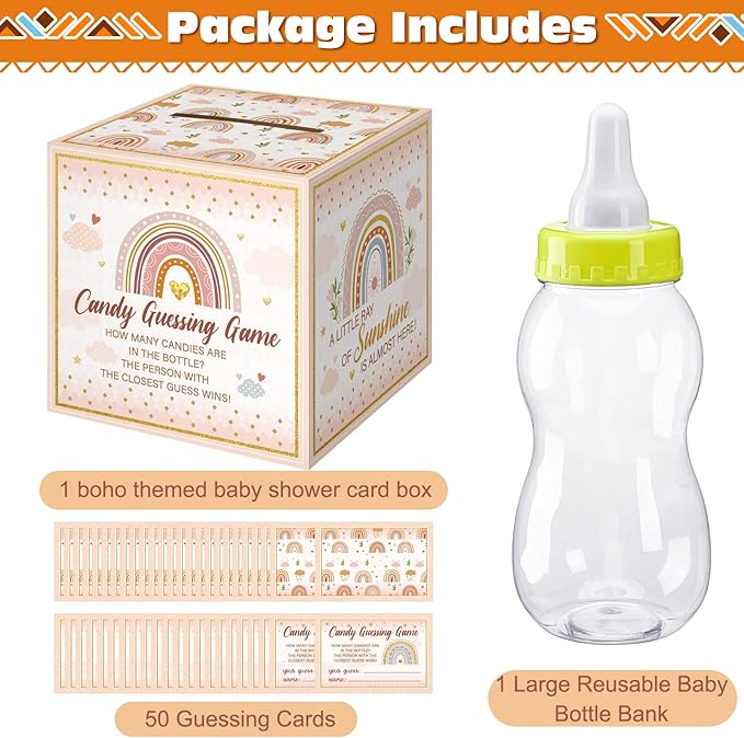 Glenmal 52 Pcs Baby Shower Games Gift Sets Large Baby Bottle for Shower Game Guess How Many Candies Decorations for Gender Reveal(Boho)