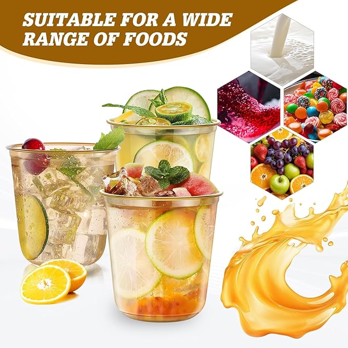 KesaPlan 100 Pcs Gold Plastic Cups, 12oz Disposable Stemless Wine Glasses for Cocktail Cute Clear Cocktail Wine Glasses Gold Party Cups for Meeting Wedding Graduation Holiday Party