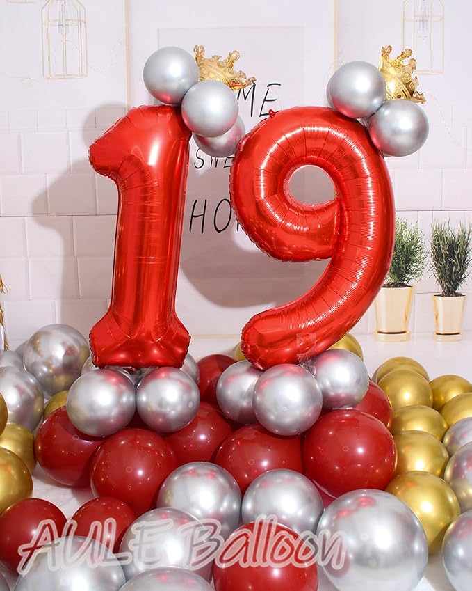 AULE 40 Inch Big Red Foil 19 Number Balloons for Girl Large 19th Happy Birthday Decorations Giant Huge Helium Mylar 91 Anniversary Party Decor