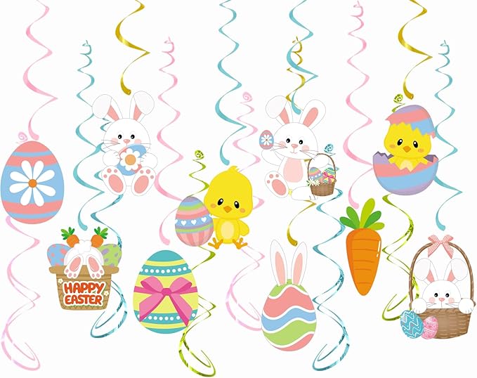 Easter Party Decorations Egg-Bunny Swirl Banner - 16pcs Easter Birthday Party Favors Supplies Gifts Hanging Decoration Streamers School Office Indoor Decor Panduola
