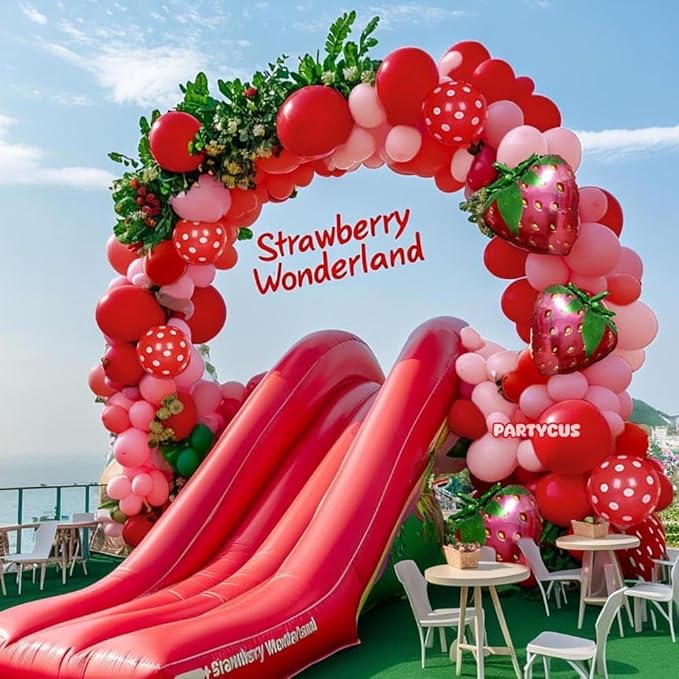 Strawberry Balloon Arch Kit Double Stuffed, Pastel Red Baby Pink Coral Balloon Garland with 18in Strawberry Foil for Berry First Birthday Baby Shower Sweet Valentines Day Party