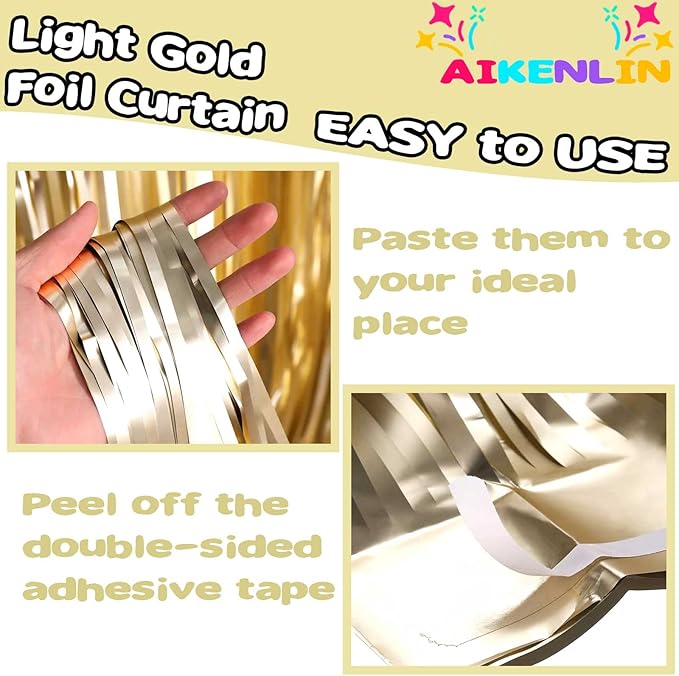 4 Pack 3.3Ft x 6.6Ft Light Gold Foil Fringe Curtain Backdrop, Metallic Tinsel Foil Fringe Streamers Curtains Background for Photo Booth, Birthday, Wedding, Halloween, Christmas Party Decoration