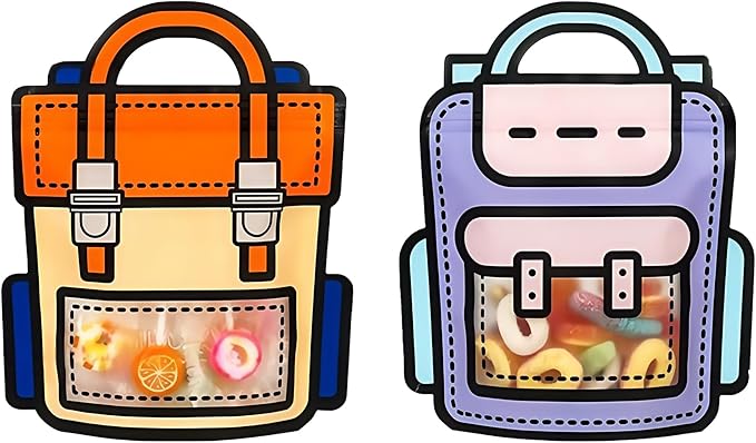 PABCK 20 Pack Plastic Gift Bags Cartoon Goodie Bags 9.45x11.02 inch Backpack-shaped Candy Snack Packaging Bag with Handle Resealable Treats Birthday Party Favor Stand Up (10 Purple and 10 Orange)