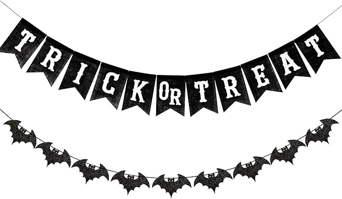 Black Trick or Treat Burlap Banner with Glitter Bat Garland,Halloween Mantel Fireplace Decorations,Pre-Strung Halloween Bunting for Wall Porch Party Indoor Outdoor Decor