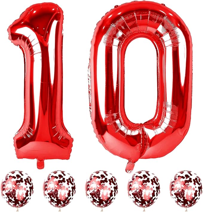 10th Birthday Balloons for Girls Boys, 40 Inch Giant Red Foil Number 10 Balloons with Red Confetti Balloons Kit, Digit 10 Helium Balloons for Men Women 1st 10th Anniversary Party Decorations Supplies