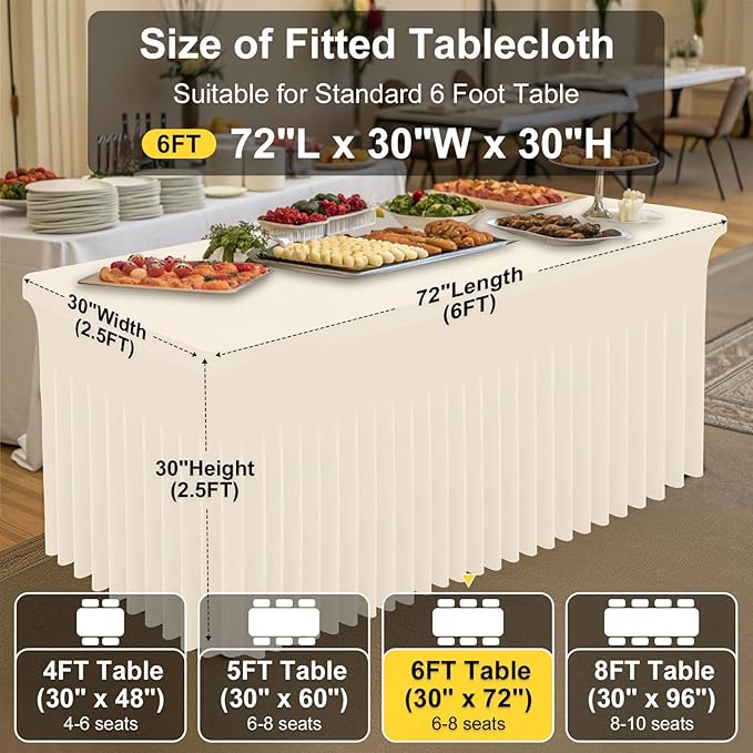 Smiry Spandex Tablecloth 2 Pack, Elastic Fitted Stretch Tablecloth for 6FT Rectangle Tables, Waterproof Washable Table Cover Skirt for Outdoor, Wedding, Banquet & Parties (Beige, 72Lx30Wx30H Inch)