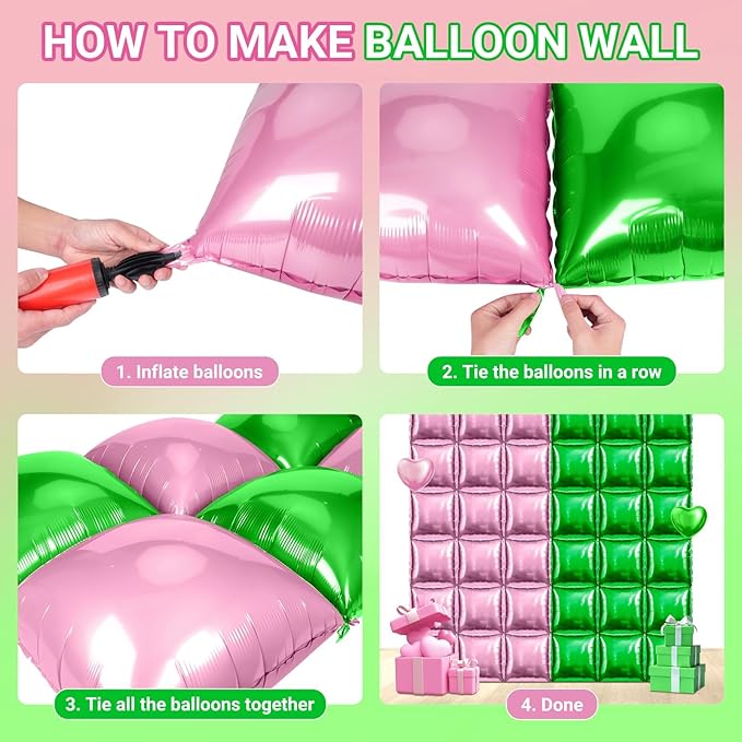50 PCS Pink Green Square Foil Balloon Wall Backdrop 19 Inch Reusable DIY Mylar Balloons Tunnel Garland Arch Kit for Witch and Princess Theme Party Birthday Bachelorette Party Decoration