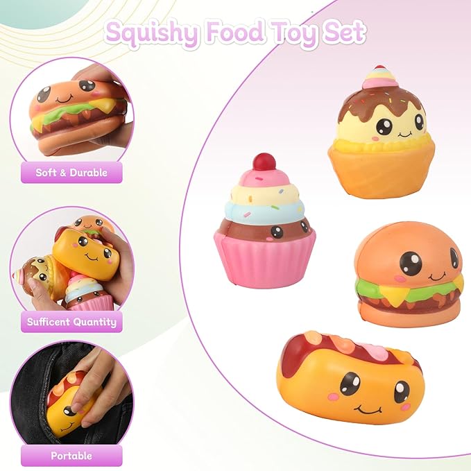 4 Pcs Slow Rising Food Toys for Kids, Kawaii Foam Squishy Toys in Dessert Bread Hot Dog Cake Stress Relief Squeeze Toy for Holiday Carnival Goodie Bag Stuffers