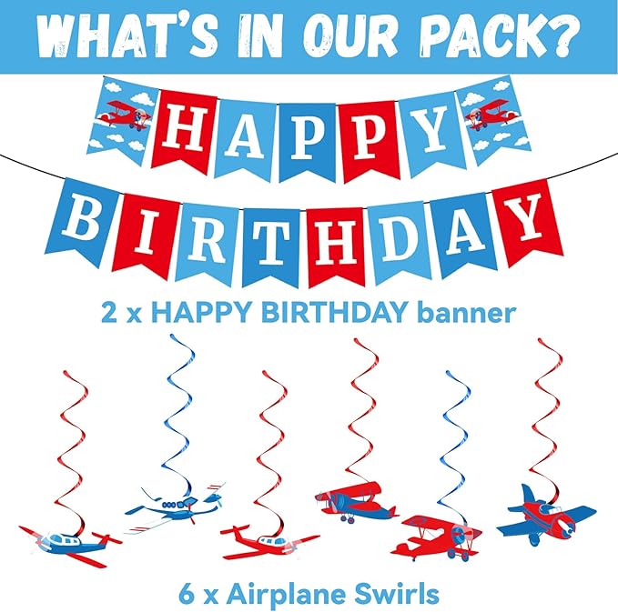 184pcs Airplane Birthday Party Supplies Set Includes Airplane Plates Napkins Tablecloth Swirl Banner Tableware Kit Dispose Airplane Birthday Table Decorations Favors, Serve 25