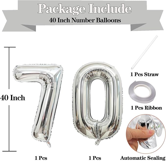 Giant Silver Number 70 Balloons, 40 Inch Jumbo Number 70, Large Foil Mylar Balloons for Girls Women 70th Birthday Party Decorations, 70 Anniversary Events Decorations