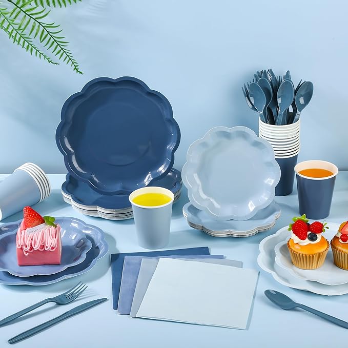 168 Pcs Dusty Blue Paper Plates and Napkins 24 Guests Gradient Scalloped Disposable Tableware Party Supplies Set for Baby Shower Wedding Birthday Garden Tea Party (Dusty Blue)