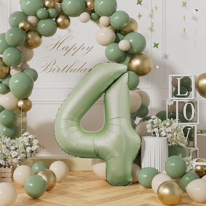 AULE 40 Inch Large 4 Balloon Numbers Sage Green, Big Foil Number Balloons, Giant Helium Happy Birthday Party Decorations for Man and Women, Huge Mylar Anniversary Party Supplies
