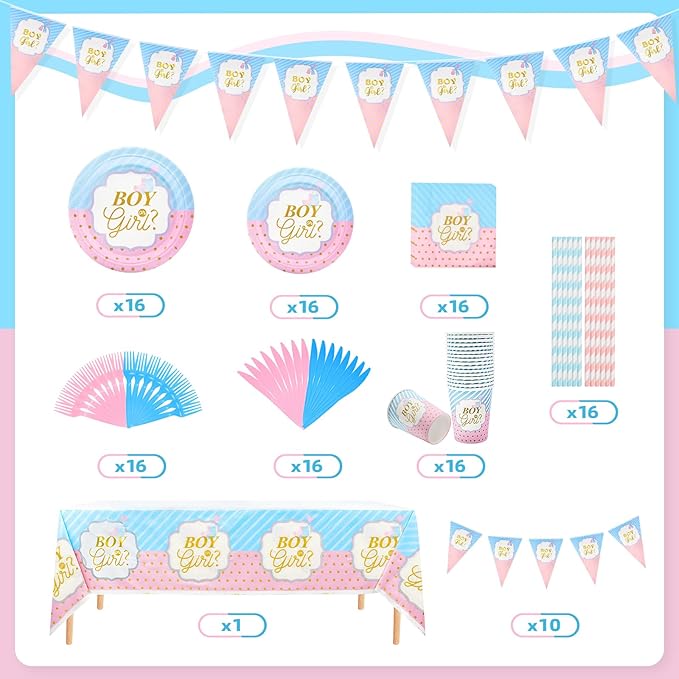 Gender Reveal Party Tableware Set - 114 Pcs Boy or Girl Paper Plates Cups Napkins Straws Tableware Set Tablecloth Banner Tableware Supplies Baby Shower Decorations