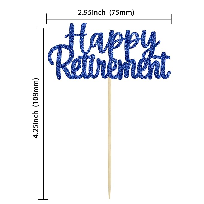Gyufise 36 Pack Happy Retirement Cupcake Toppers Blue Glitter Retired Cupcake Picks Decorations for Retirement Theme Birthday Party Cake Decorations