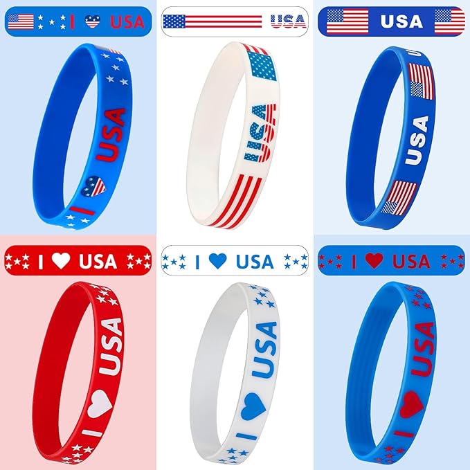 JUNEBRUSHS 42pcs 4th of July Party Favors Silicone Bracelets American Flag Red White and Blue Rubber Wristbands for Patriotic Independence Day Party Holiday Decorations Accessories Gift (6 Designs)