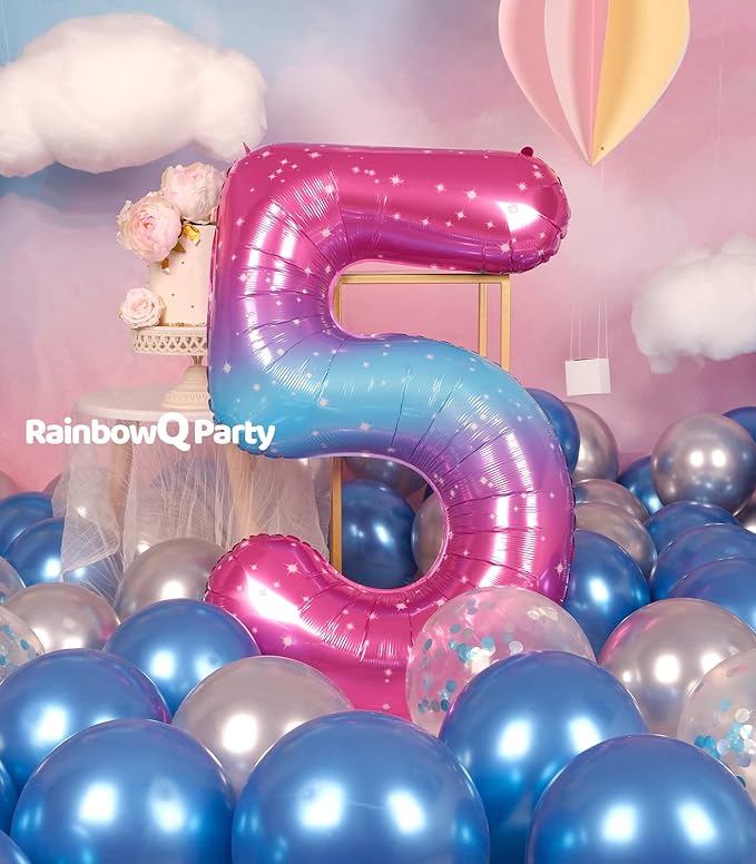 5 Balloon Number 40 Inch for Boy or Girl Big Starry 0-9 Foil Mylar Large Number 5 Balloon Happy 5th Birthday Party Anniversary Decorations Supplies