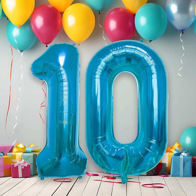 40 Inch Large Blue Number Celebration and Decoration Balloon for Birthday Parties, Graduations, Anniversaries, Weddings, Photo Shoots, Special Events - Helium Foil Mylar (Blue Number 10)