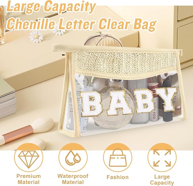 Cute Boho Patch Baby Bag Clear Makeup Letter Bag, Waterproof Zipper Make up Bags Toiletry Pouch for Women Girls, Clear Letter Patch Cosmetic Bags Transparent Organizer Pouch for Travel(Baby, Beige)