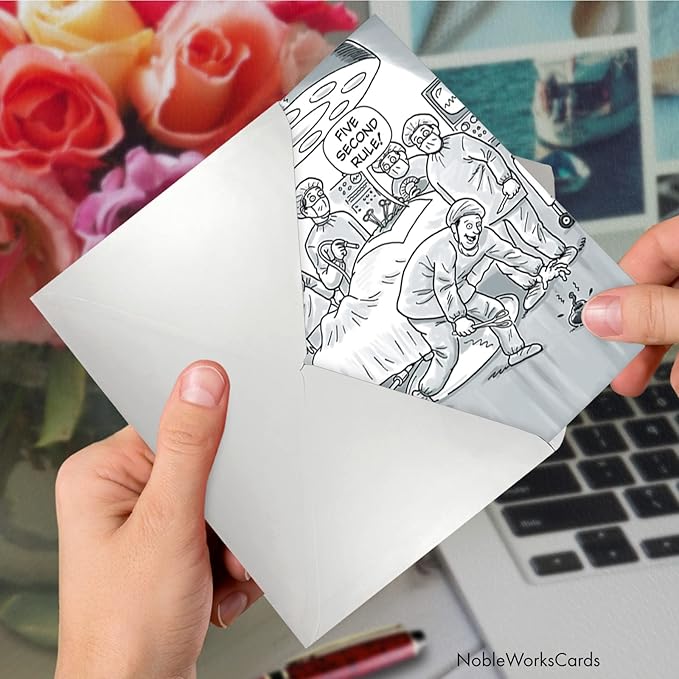 NobleWorks - 1 Humorous Birthday Notecard w/Envelope (4.63 x 6.75 Inch) - Funny Congratulations and Appreciation Medical Stationery with Doctors, Surgeons - Five Second Rule Birthday Card 7926Z