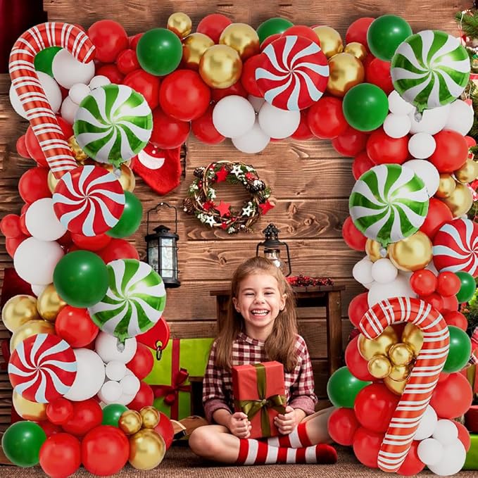 Christmas Decorations Balloons Arch Kit - 126 PCS Red Green White Gold Confetti Xmas Foil Balloons Candy Cane Balloon Garland Arch Kit for Xmas Christmas Decorations Holiday New Year Party Supplies